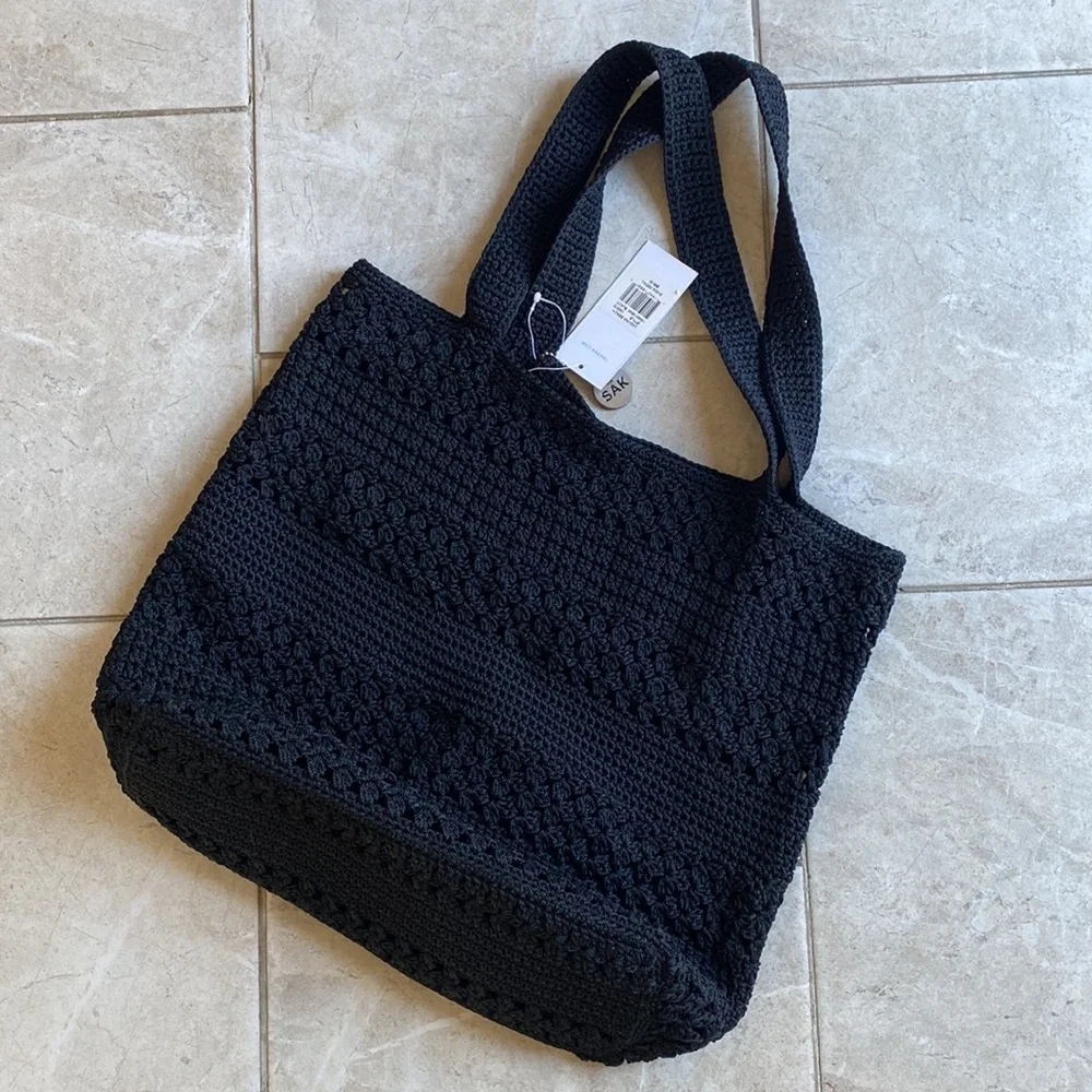 The Sak NWT Laguna Beach Black Open Knit Tote Bag - Picture 7 of 9